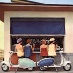 1960 Calendar four ladies sitting on Lambretta scooter at the bar