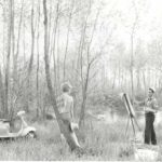 1960 a painter painting a man and Lambretta scooter in the forrest