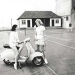 1960 Lambretta scooter and two woman on tennis court