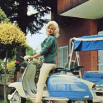 Jayne Mansfield on white and blue Lambretta scooter